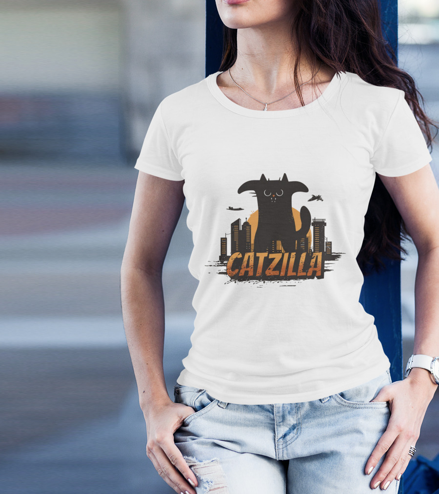 Catzilla Funny Comic Animal Skyline Monster T-Shirt