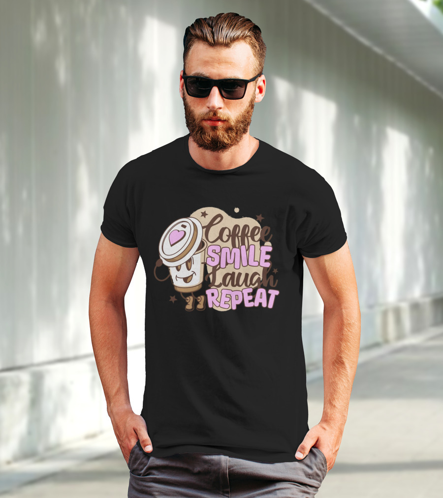 Coffee Smile Laugh Repeat Cartoon Mascot Happiness T-Shirt