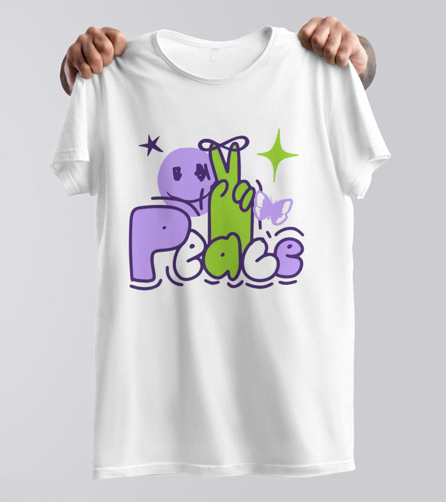 Peace Doodle Smiley Face Butterfly Star Purple Green T-Shirt