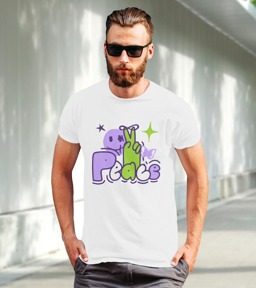 Peace Doodle Smiley Face Butterfly Star Purple Green T-Shirt