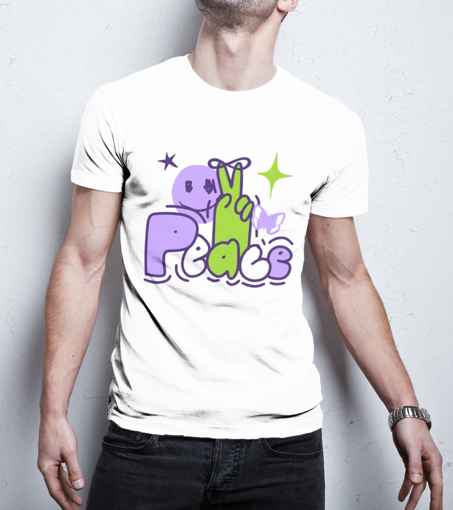 Peace Doodle Smiley Face Butterfly Star Purple Green T-Shirt