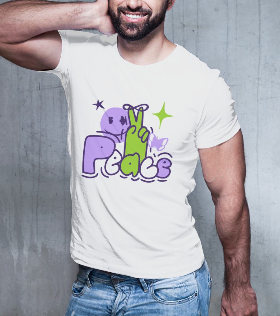 Peace Doodle Smiley Face Butterfly Star Purple Green T-Shirt