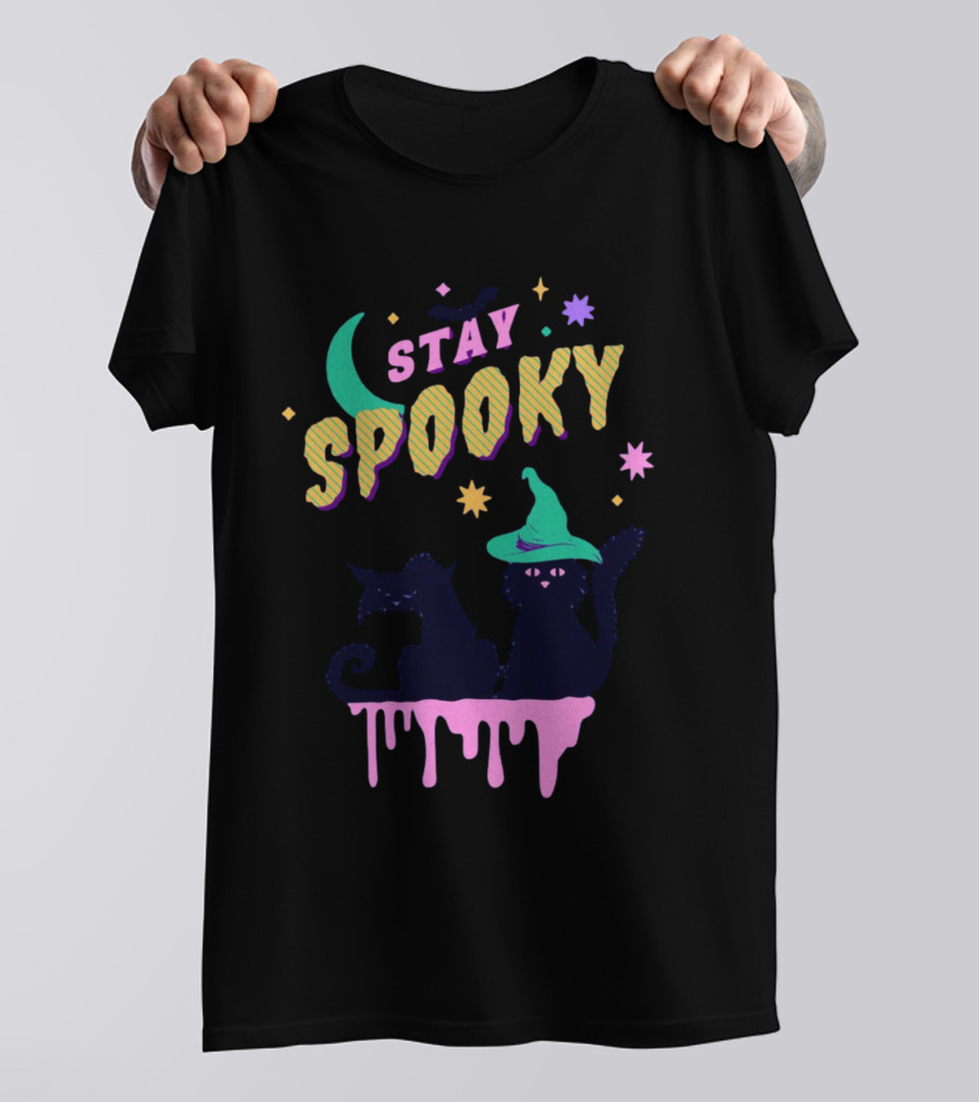 Stay Spooky Halloween Cats Moon Witch Hat Dripping Stars T-Shirt