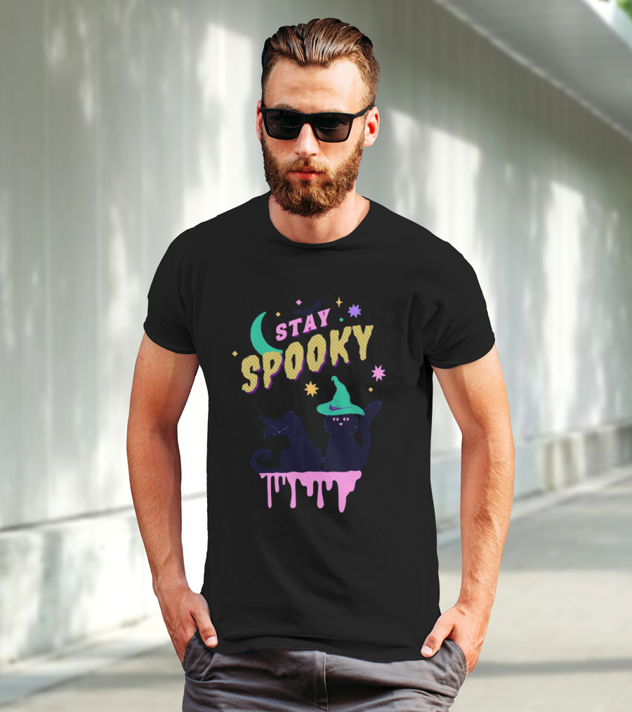 Stay Spooky Halloween Cats Moon Witch Hat Dripping Stars T-Shirt