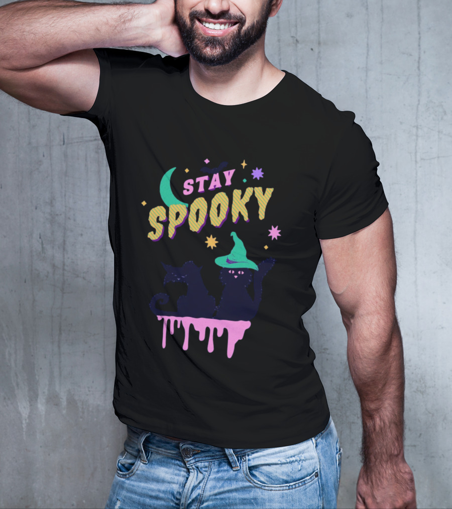 Stay Spooky Halloween Cats Moon Witch Hat Dripping Stars T-Shirt