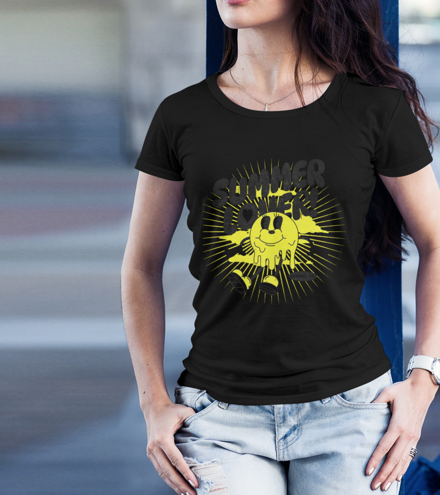 Summer Lover Cartoon Melting Smiley With Radiant Sunburst Background T-Shirt