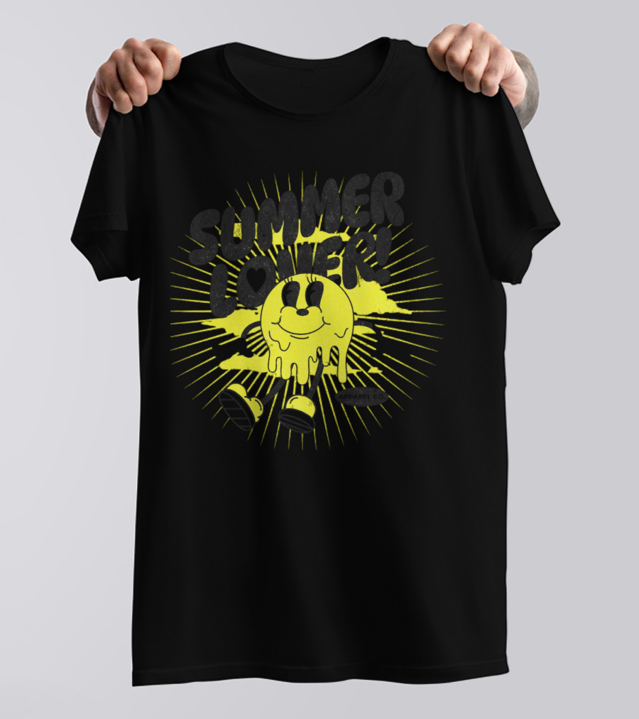 Summer Lover Cartoon Melting Smiley With Radiant Sunburst Background T-Shirt