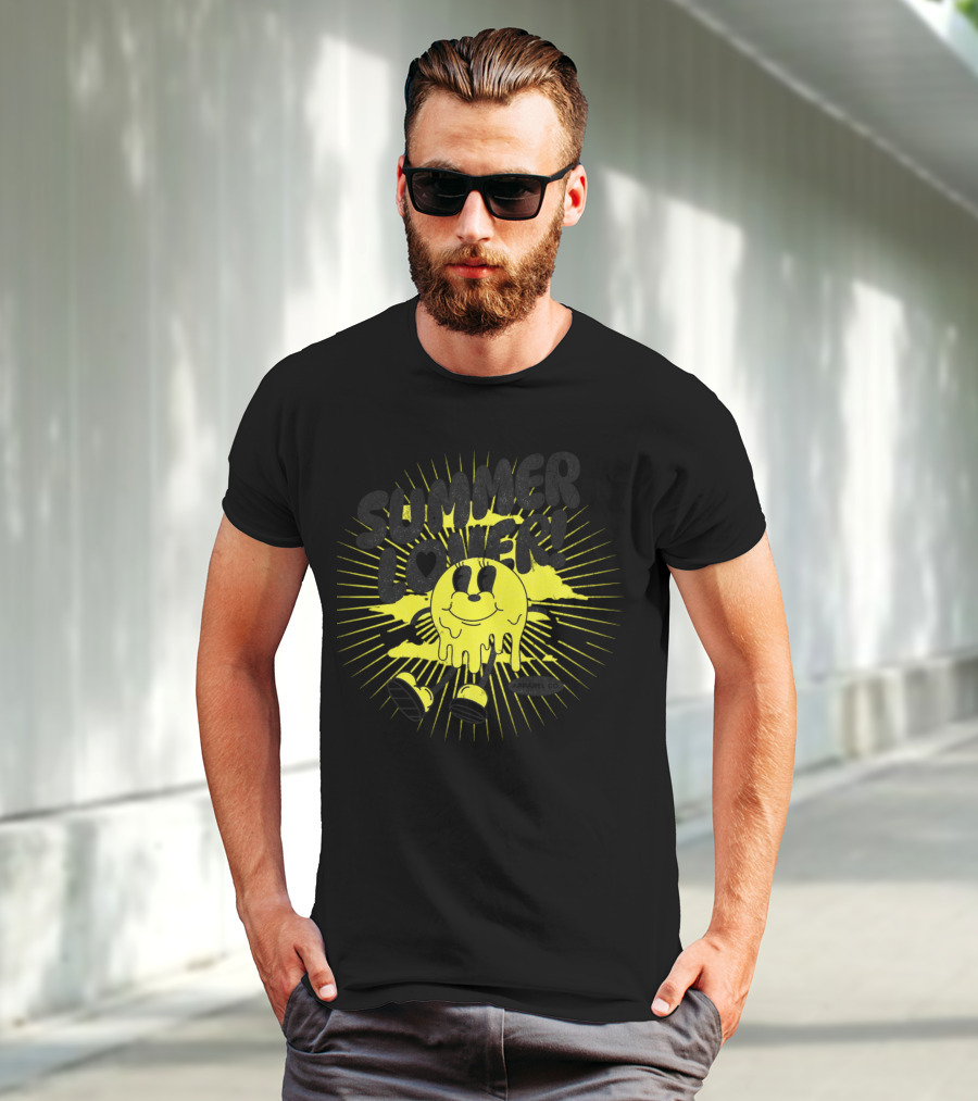 Summer Lover Cartoon Melting Smiley With Radiant Sunburst Background T-Shirt