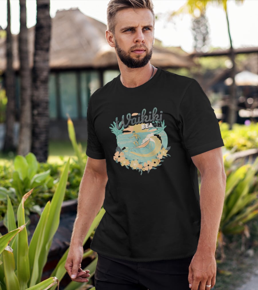 Waikiki Beach Vintage Surfing Adventure Floral T-Shirt