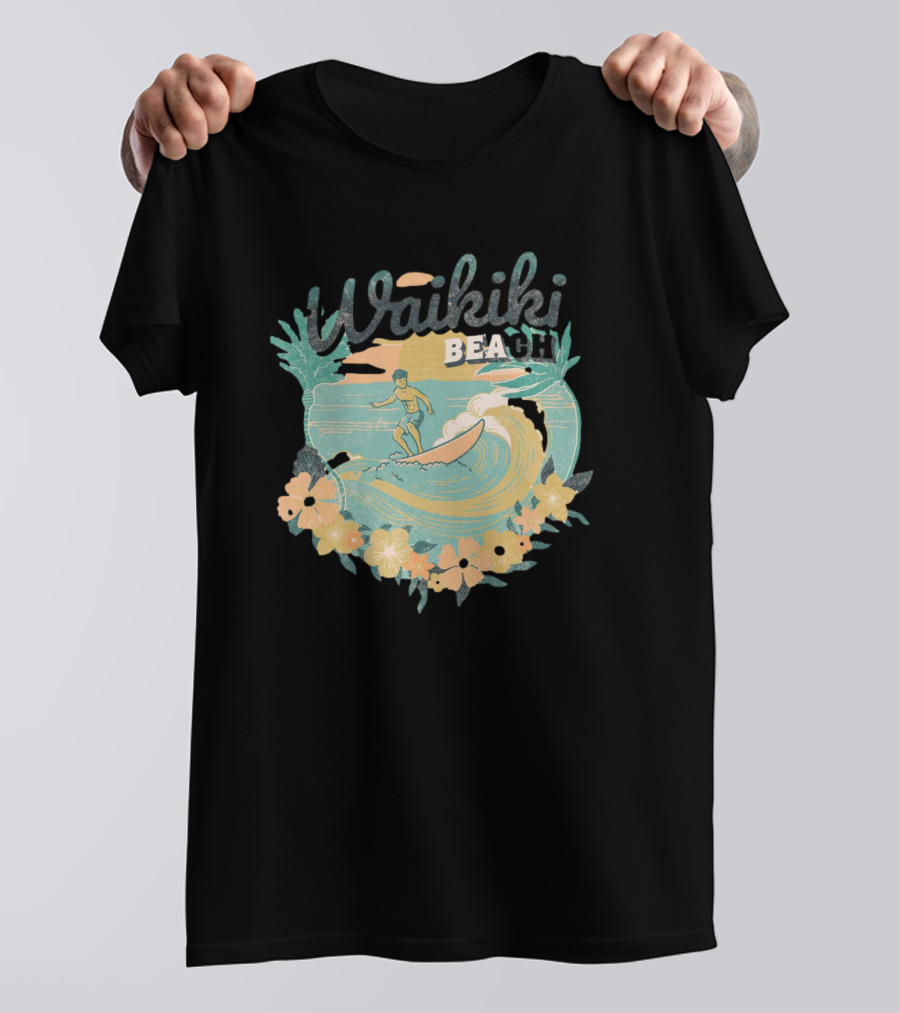 Waikiki Beach Vintage Surfing Adventure Floral T-Shirt