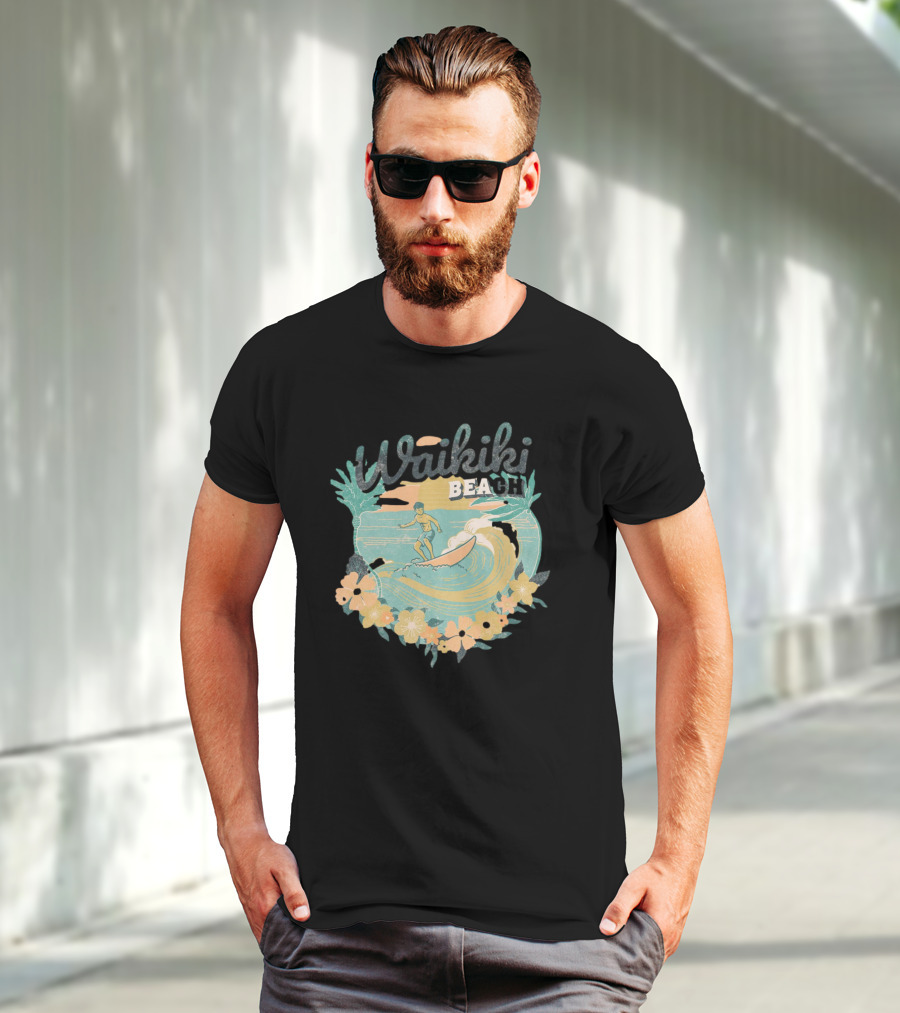 Waikiki Beach Vintage Surfing Adventure Floral T-Shirt