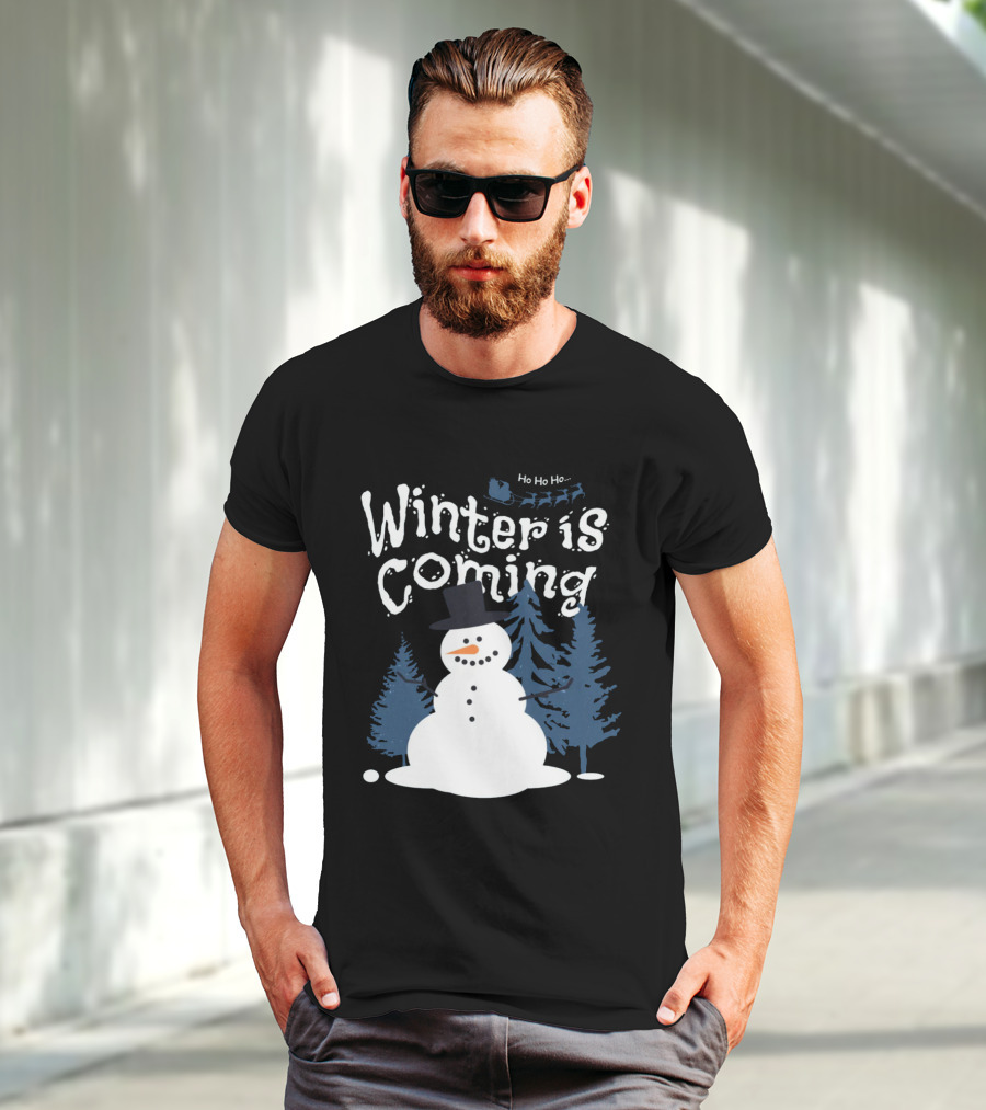 Winter Is Coming Snowman With Ho Ho Ho Santa Sleigh T-Shirt
