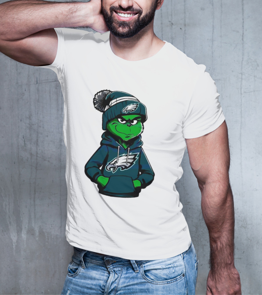 Grinch Dressed In Philadelphia Eagles Hoodie And Hat T-Shirt