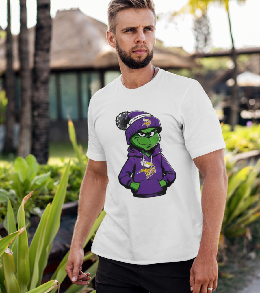 Grinch In Minnesota Vikings Hoodie And Hat With Team T-Shirt