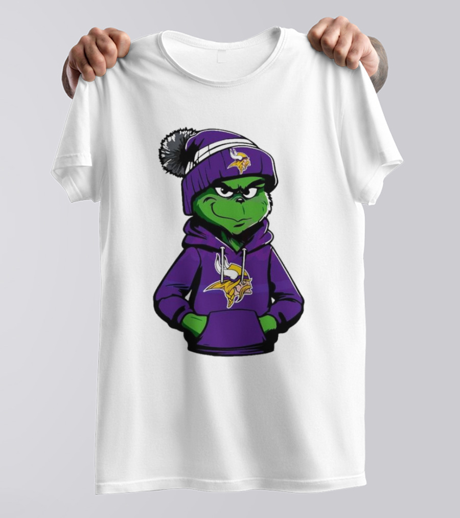 Grinch In Minnesota Vikings Hoodie And Hat With Team T-Shirt