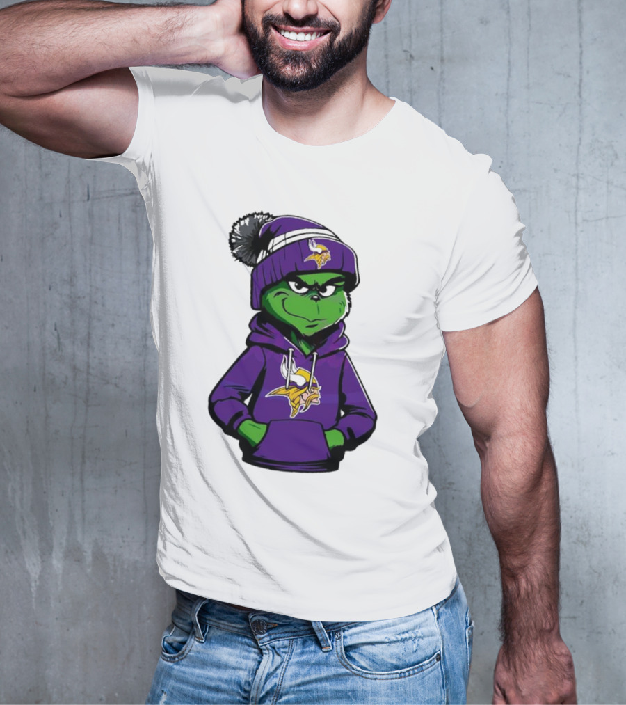 Grinch In Minnesota Vikings Hoodie And Hat With Team T-Shirt