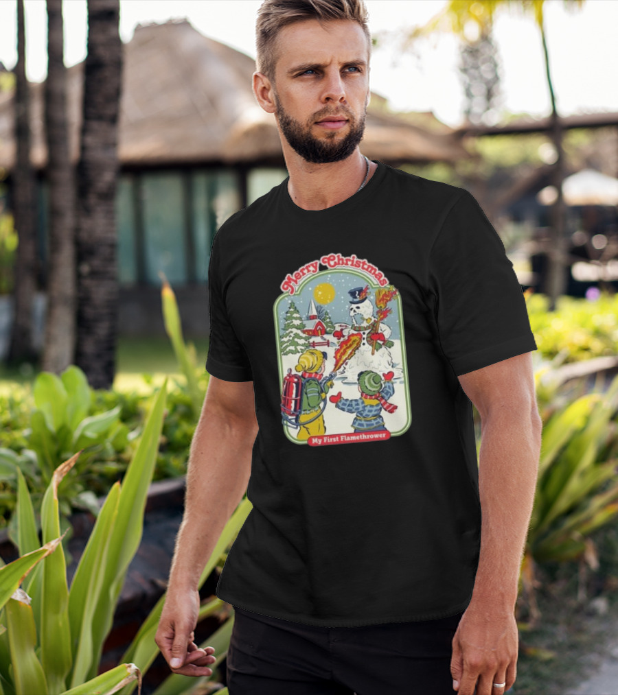 Merry Christmas My First Flamethrower Vintage Snowman Scene T-Shirt