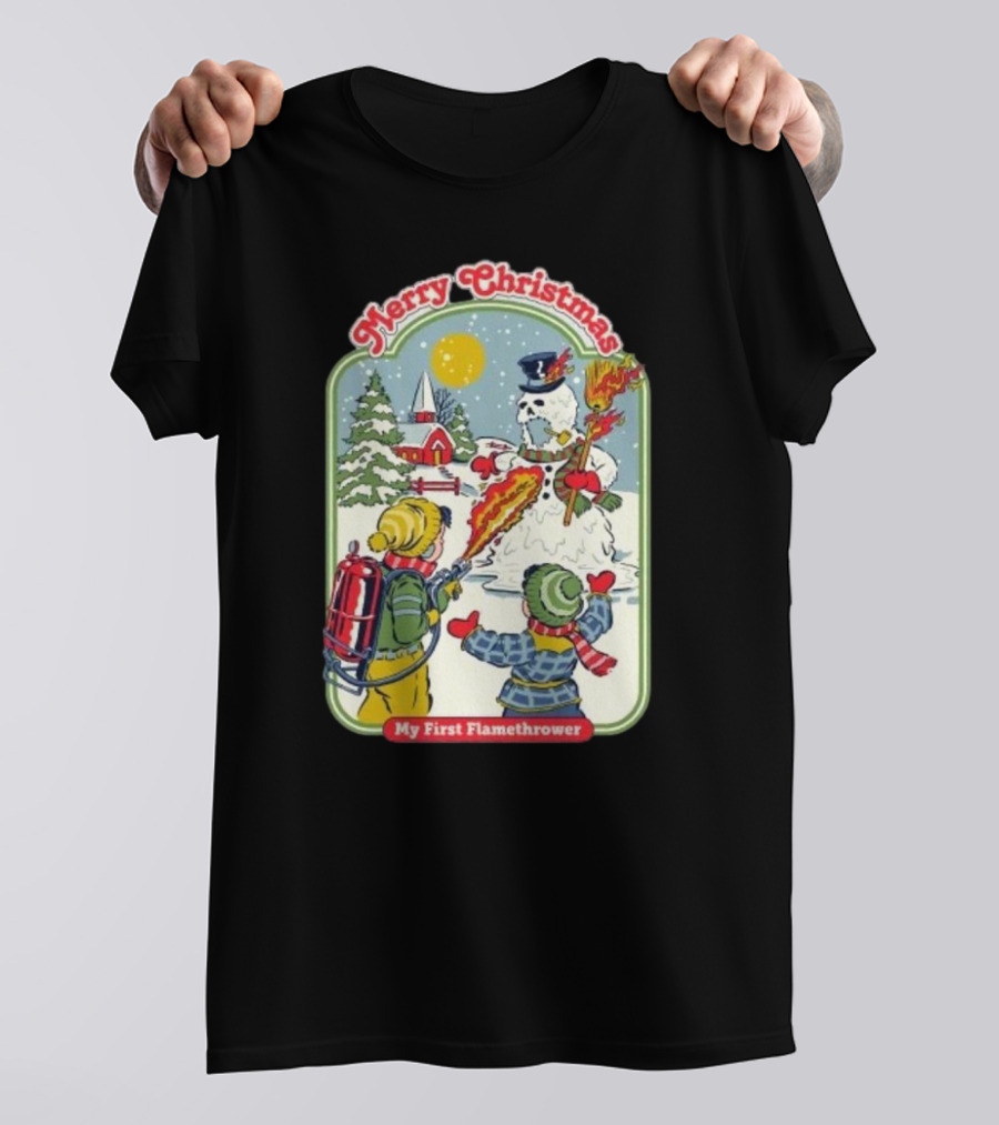Merry Christmas My First Flamethrower Vintage Snowman Scene T-Shirt