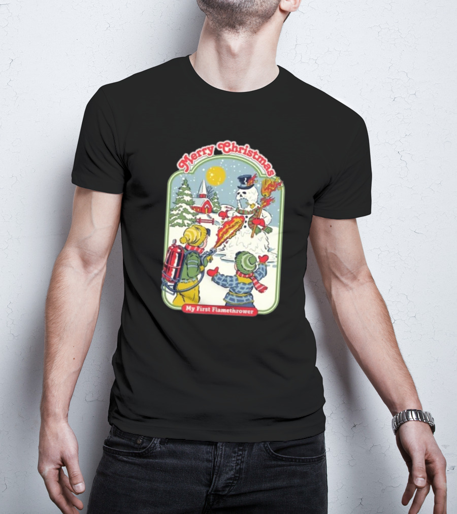 Merry Christmas My First Flamethrower Vintage Snowman Scene T-Shirt