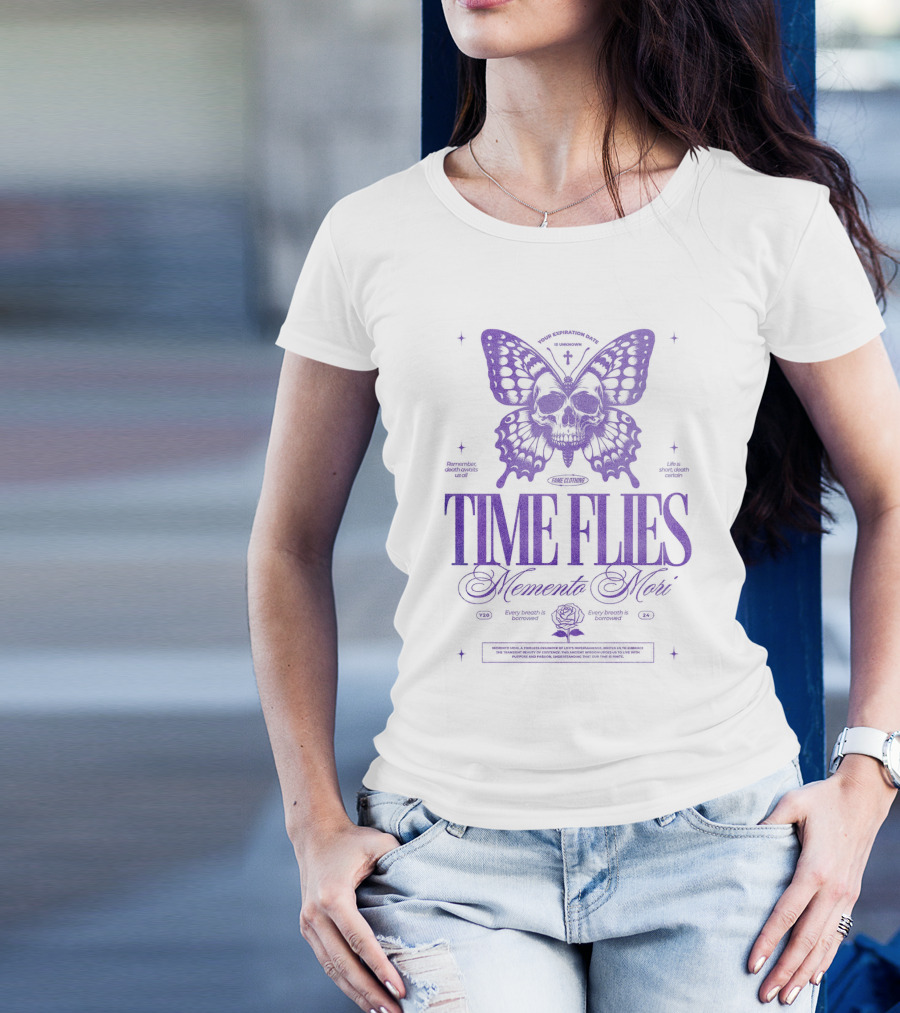 TIME FLIES Memento Mori Butterfly Skull T-Shirt
