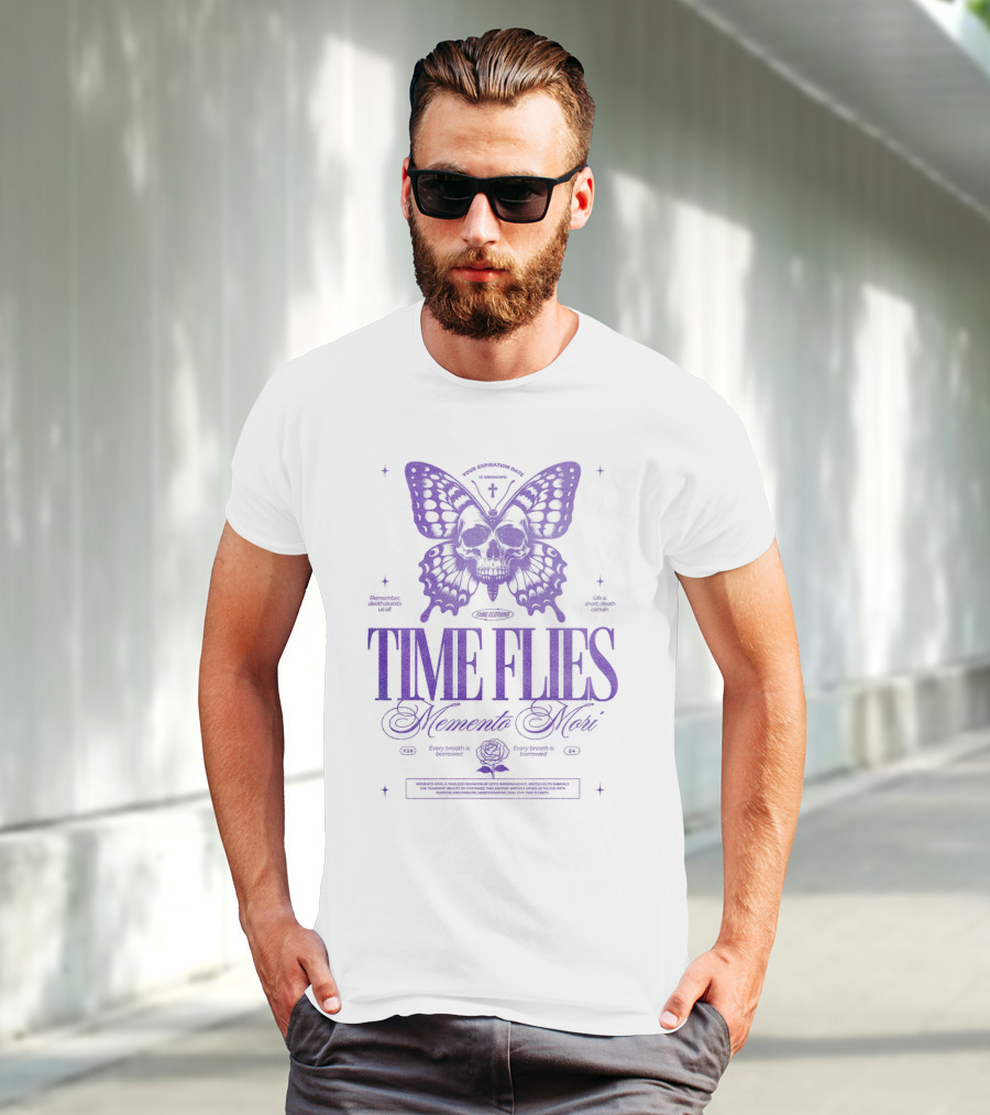 TIME FLIES Memento Mori Butterfly Skull T-Shirt