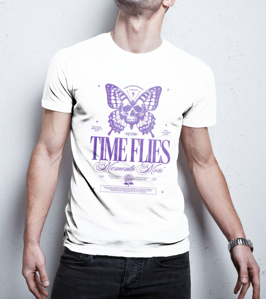 TIME FLIES Memento Mori Butterfly Skull T-Shirt