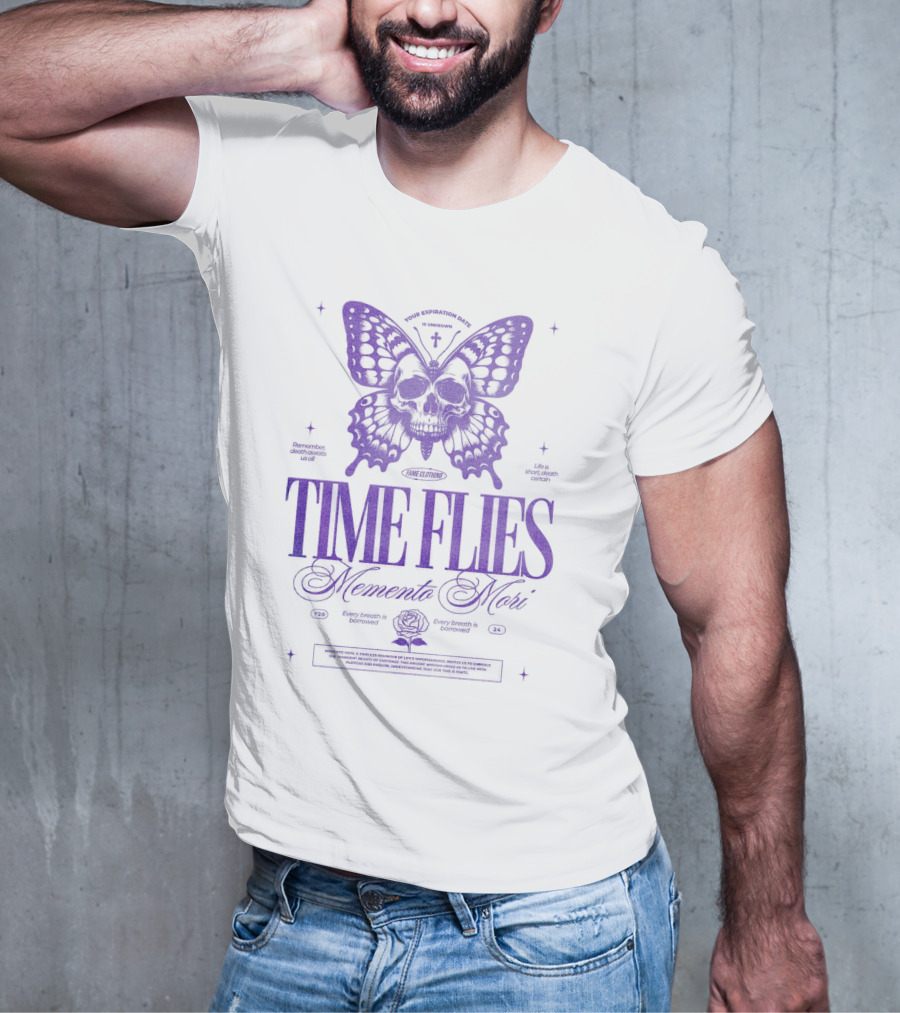 TIME FLIES Memento Mori Butterfly Skull T-Shirt
