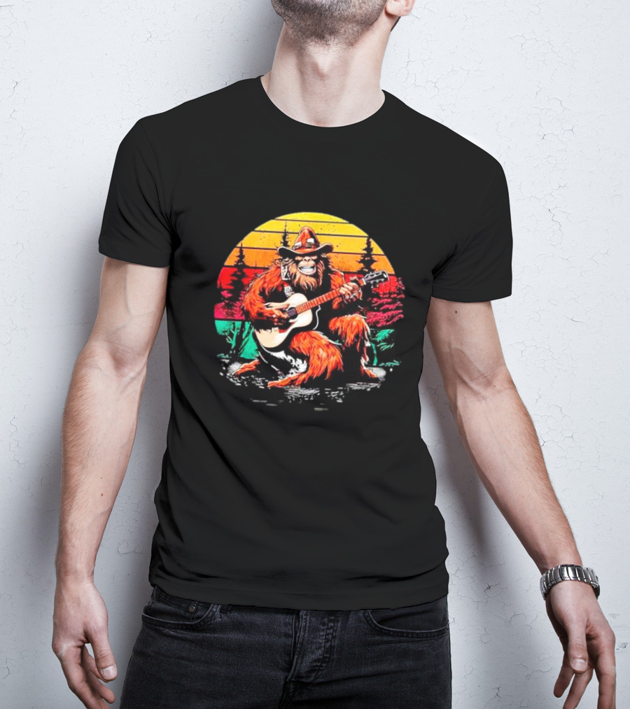 Bigfoot Playing Guitar Retro Sunset Forest Vintage Styles T-Shirt