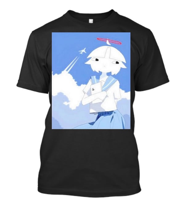 Chew’s District Clowdy Angelic Character Holding Notebook In Blue Sky With Airplane T-Shirt