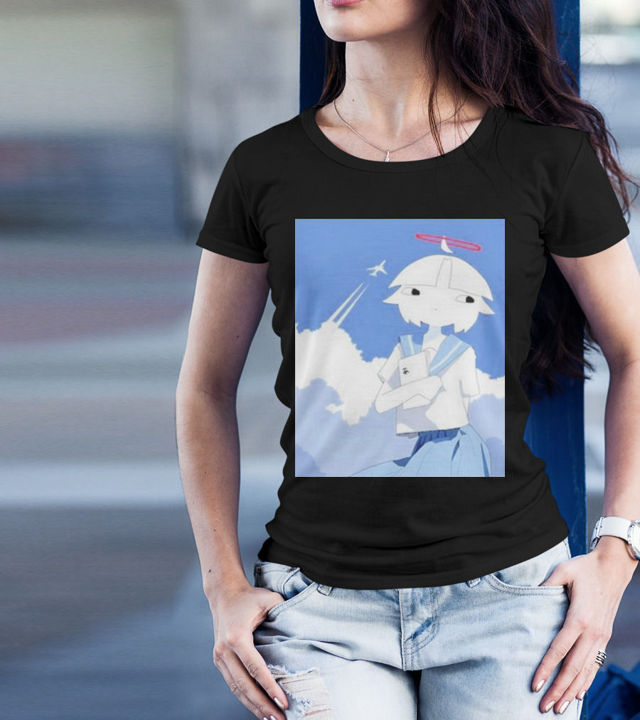 Chew’s District Clowdy Angelic Character Holding Notebook In Blue Sky With Airplane T-Shirt