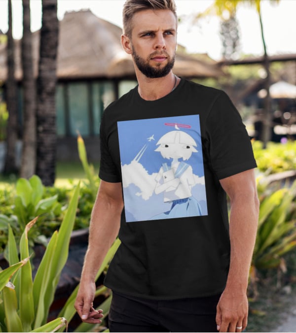 Chew’s District Clowdy Angelic Character Holding Notebook In Blue Sky With Airplane T-Shirt