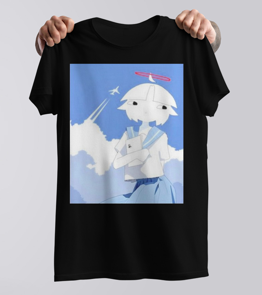 Chew’s District Clowdy Angelic Character Holding Notebook In Blue Sky With Airplane T-Shirt