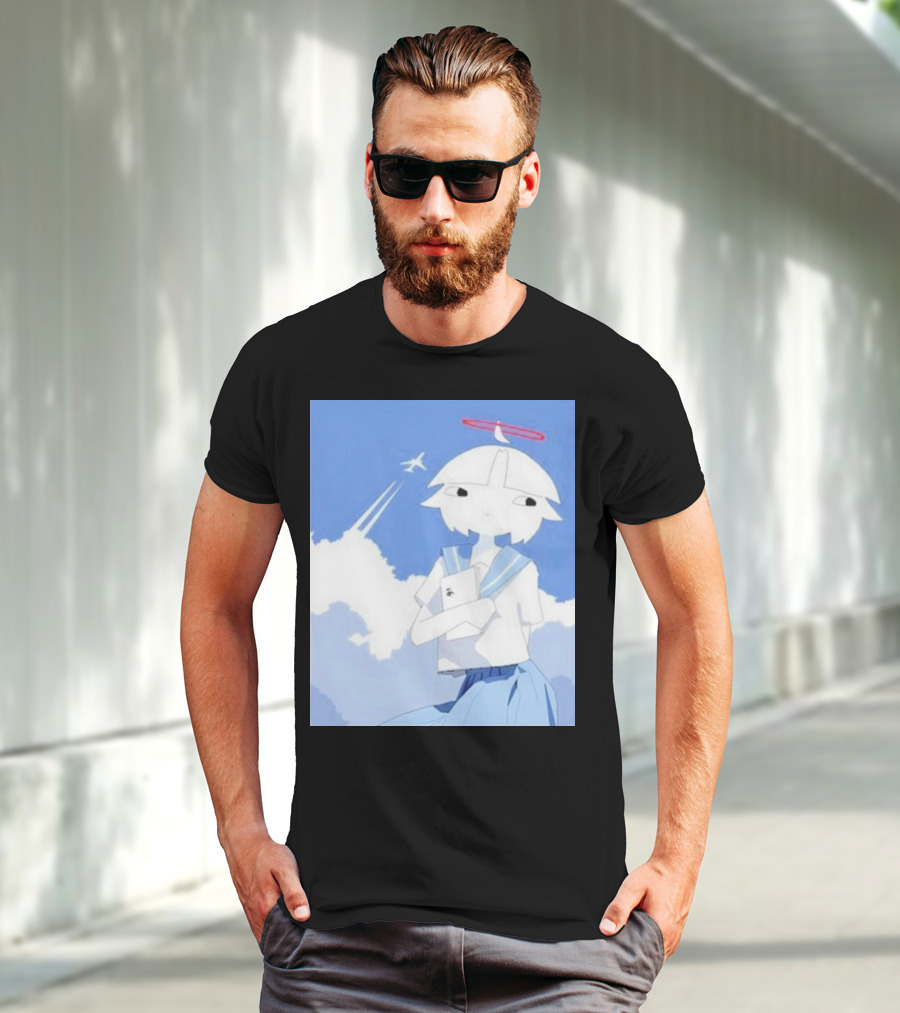 Chew’s District Clowdy Angelic Character Holding Notebook In Blue Sky With Airplane T-Shirt