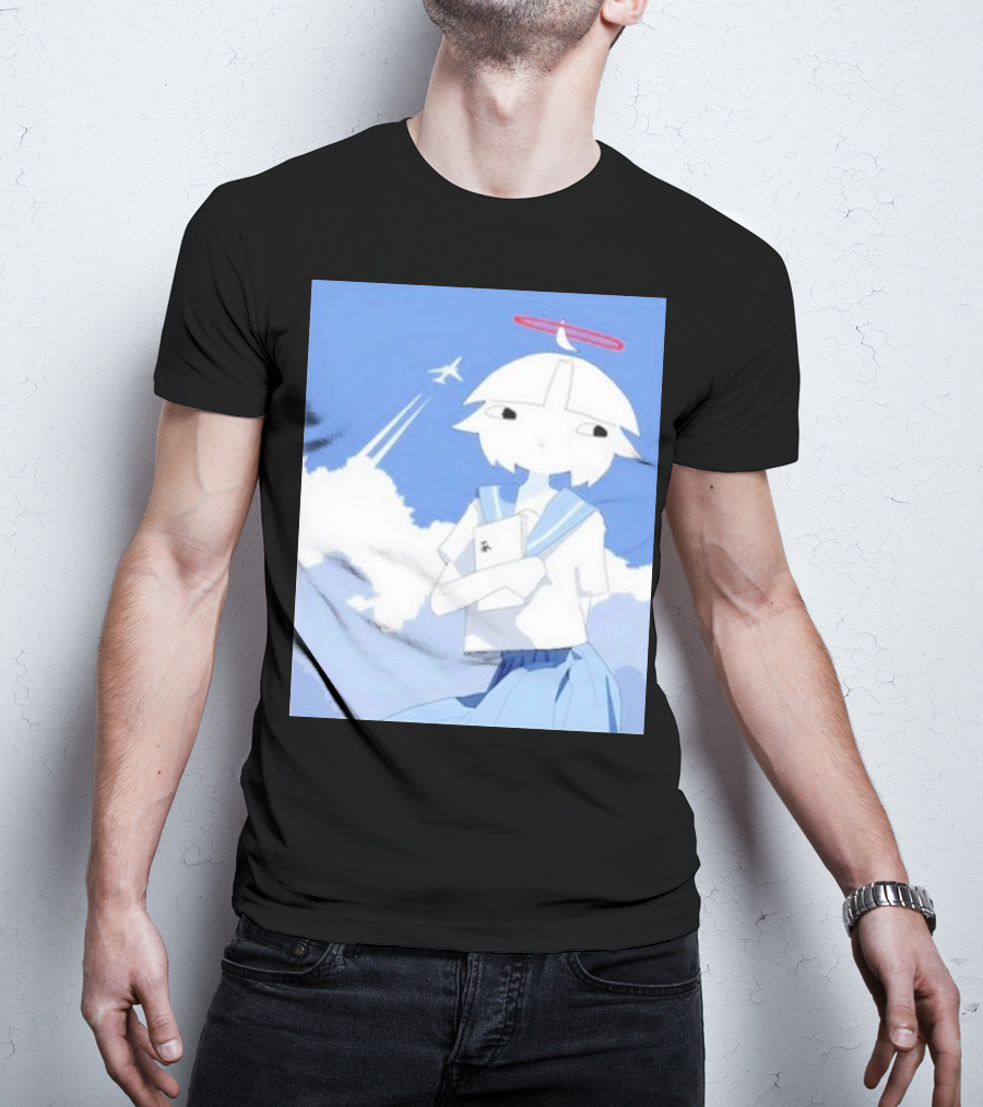 Chew’s District Clowdy Angelic Character Holding Notebook In Blue Sky With Airplane T-Shirt
