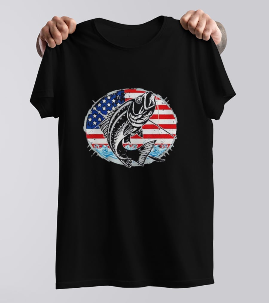 Fishing Lovers American Flag Bass Catch Waves Patriotic T-Shirt