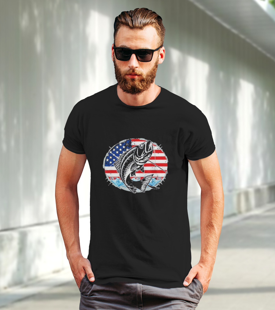 Fishing Lovers American Flag Bass Catch Waves Patriotic T-Shirt