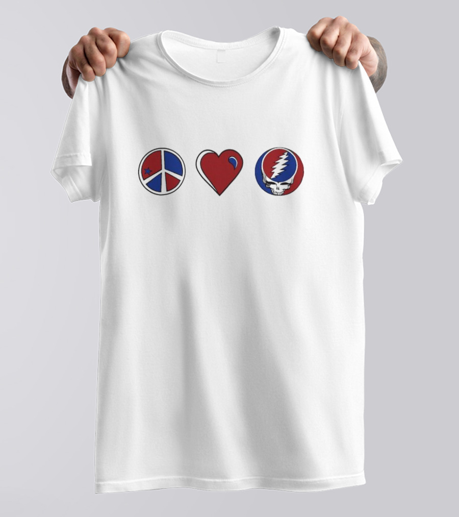 Love Peace Grateful Dead Skull Red And Blue Icons T-Shirt