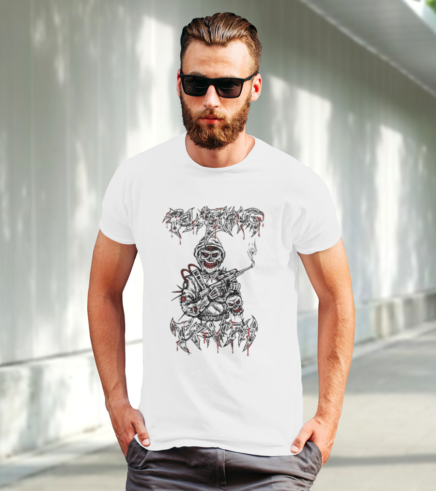 Blazing Truth Horror Skull Soldier With Rifle And Dripping Red Accents T-Shirt
