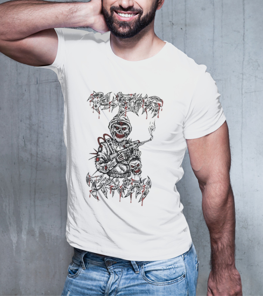 Blazing Truth Horror Skull Soldier With Rifle And Dripping Red Accents T-Shirt