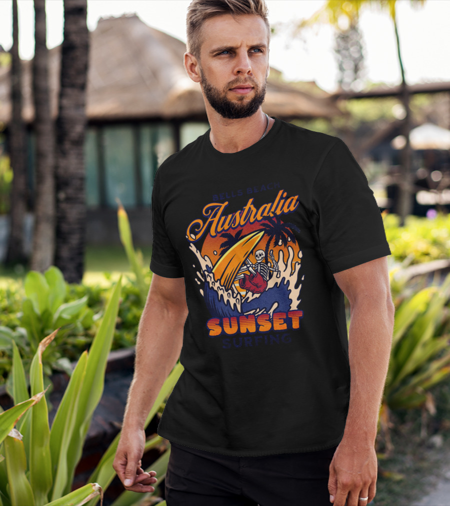 Bells Beach Australia Sunset Surfing Skeleton On Wave With Palm Trees T-Shirt