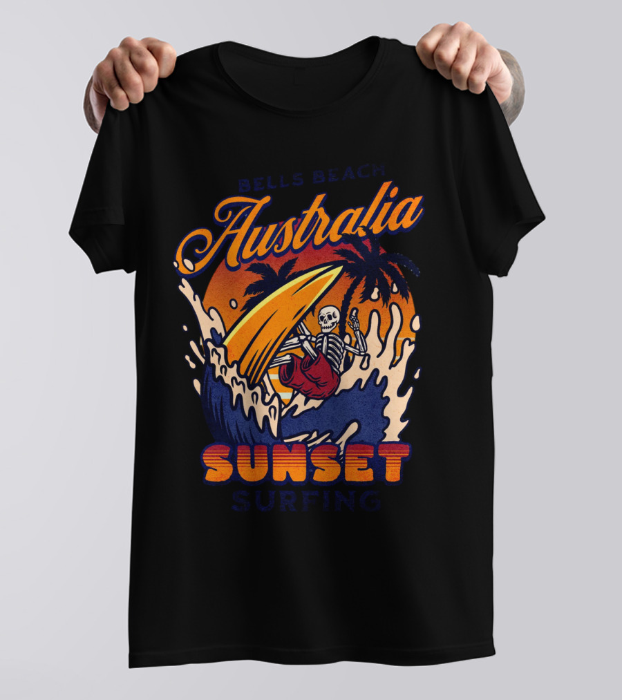 Bells Beach Australia Sunset Surfing Skeleton On Wave With Palm Trees T-Shirt