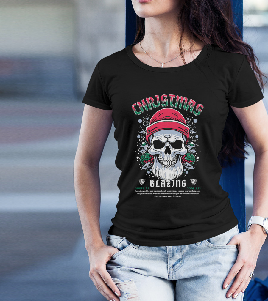 CHAJISMIS Blazing Skull Joy To The World Merry Christmas T-Shirt