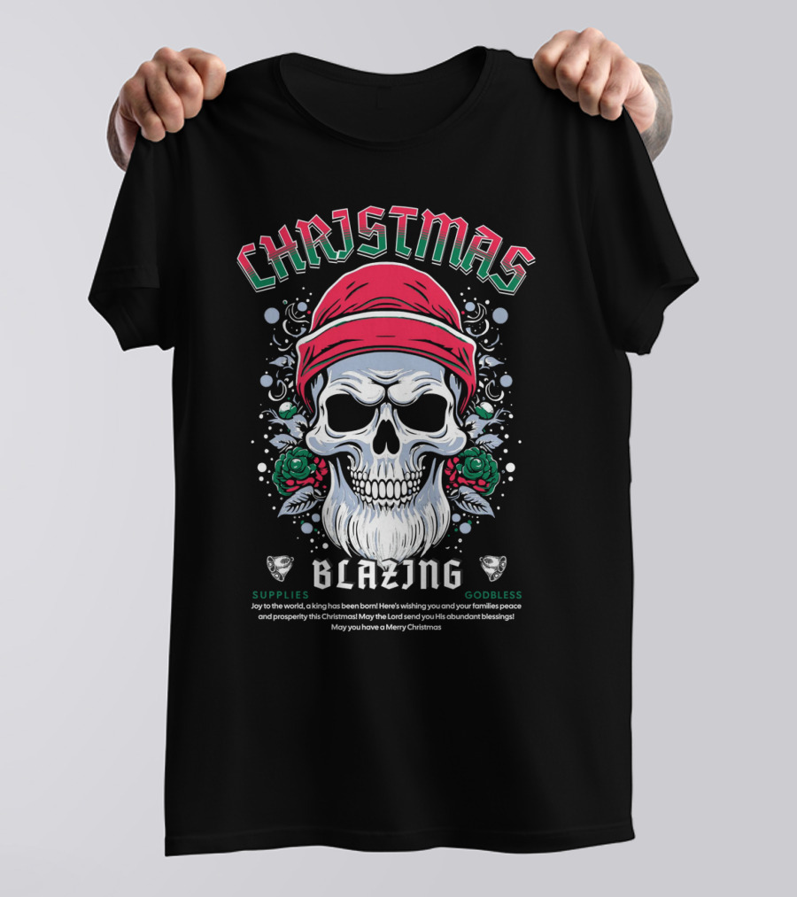 CHAJISMIS Blazing Skull Joy To The World Merry Christmas T-Shirt