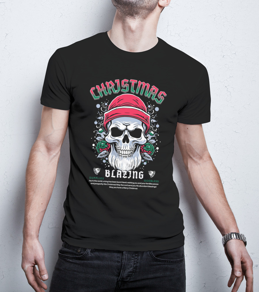 CHAJISMIS Blazing Skull Joy To The World Merry Christmas T-Shirt