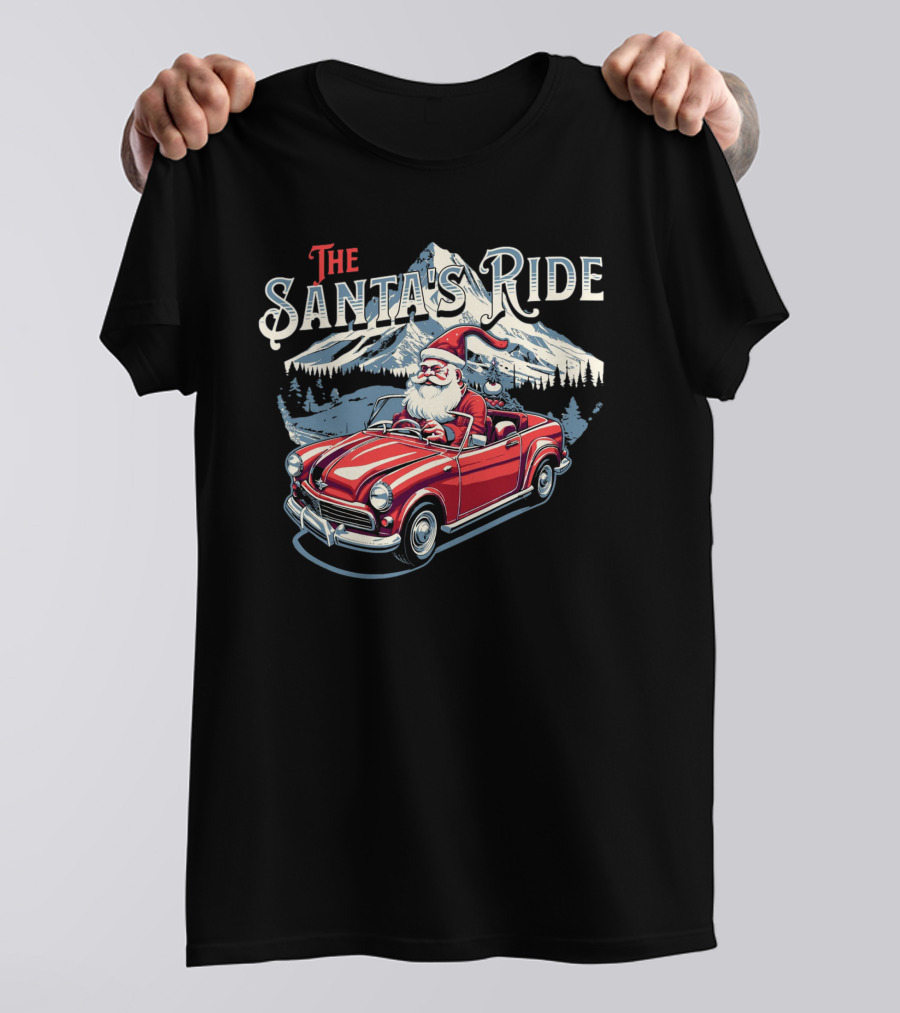 The Santa's Ride With Classic Red Convertible In Winter Mountain Scene T-Shirt