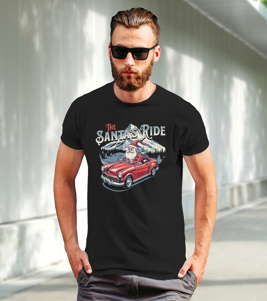 The Santa's Ride With Classic Red Convertible In Winter Mountain Scene T-Shirt