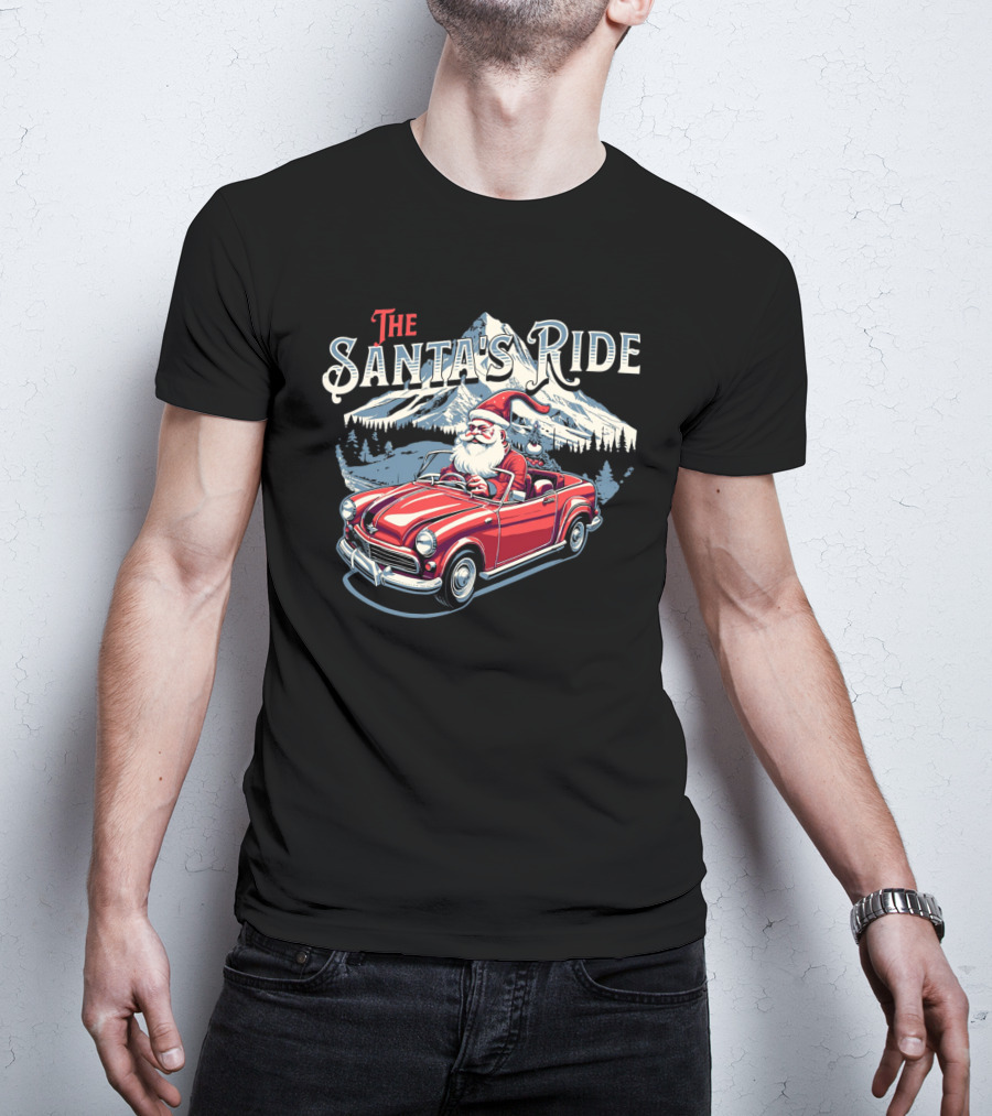 The Santa's Ride With Classic Red Convertible In Winter Mountain Scene T-Shirt