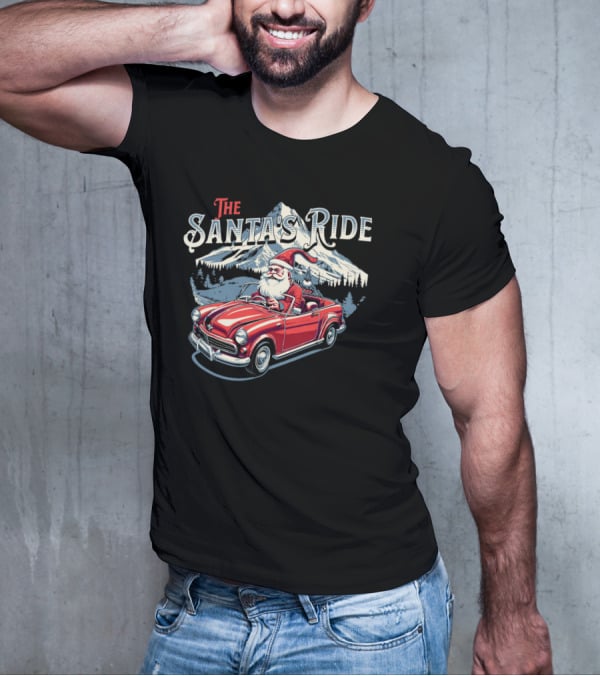 The Santa's Ride With Classic Red Convertible In Winter Mountain Scene T-Shirt