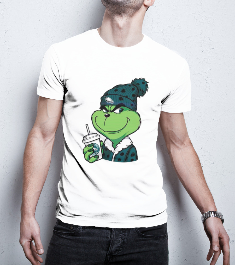Grinch Holding Cup Wearing Philadelphia Eagles Beanie T-Shirt