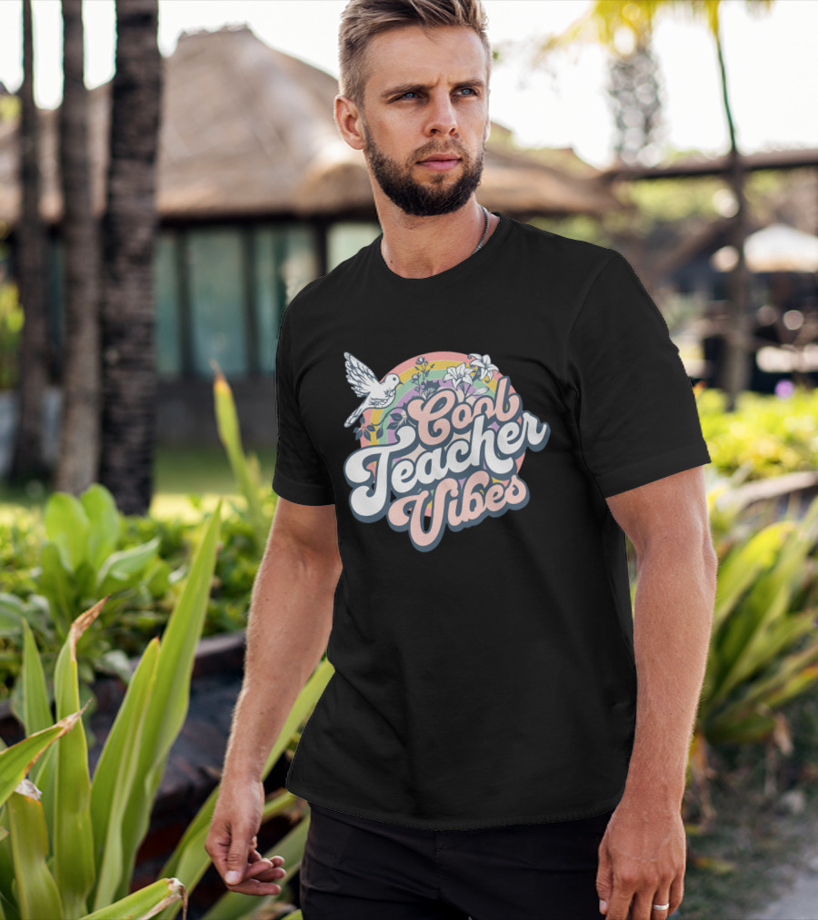 Cool Teacher Vibes Retro Rainbow Floral Design With Dove T-Shirt